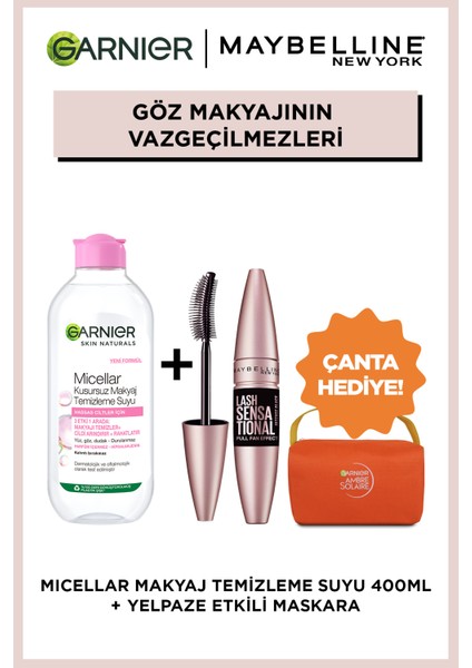 Maybelline York Lash Sensational Sensational Intense Black Maskara + Kusursuz Makyaj Temizleme Suyu 400ML + Garnier C Vit Turuncu Çanta Hediyeli