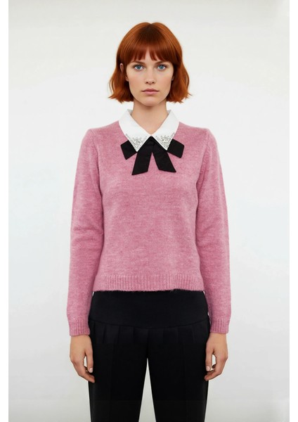 Kadın Gömlek Yaka Görünümlü Nakış Detaylı Triko Kazak Standart Kollu Sonbahar Kış Stili Kaliteli