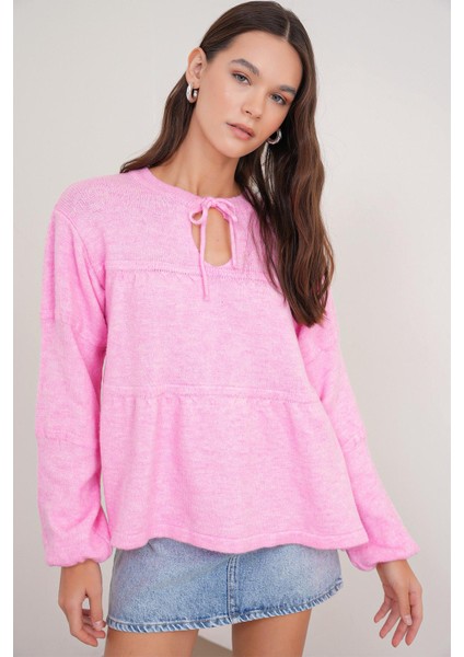 6950 Kadın Yakası Bağcıklı Pileli Triko Kazak Pembe modelleri