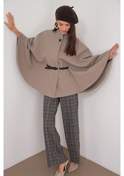 4768 Kadın Kemerli Panço Premium Kaşe Ceket Vizon