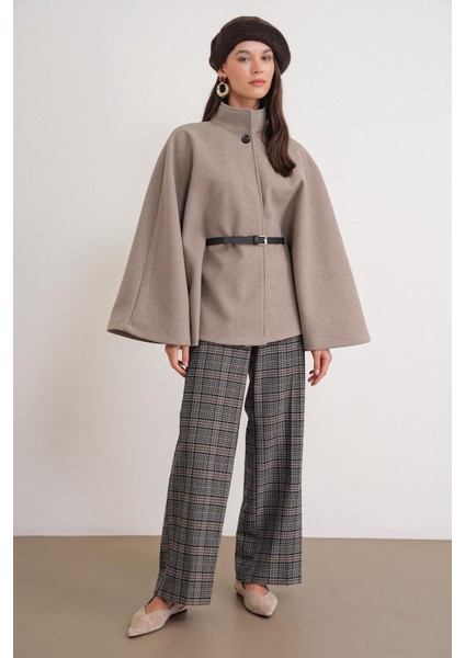 4768 Kadın Kemerli Panço Premium Kaşe Ceket Vizon fiyatları