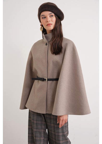 4768 Kadın Kemerli Panço Premium Kaşe Ceket Vizon modelleri