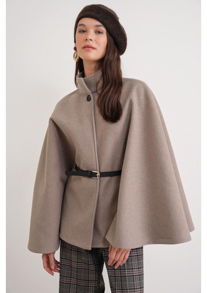 4768 Kadın Kemerli Panço Premium Kaşe Ceket Vizon fırsatları