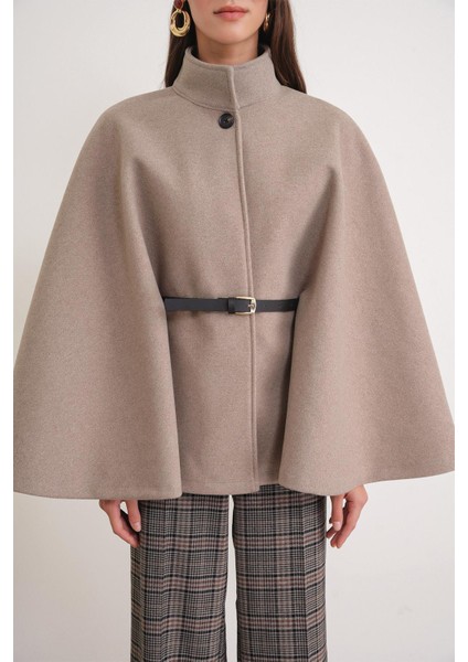 4768 Kadın Kemerli Panço Premium Kaşe Ceket Vizon indirimleri