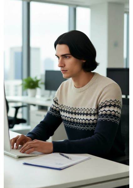 Erkek Fitted Bisiklet Yaka Etnik Desenli Triko Kazak Soğuk Havalar Için Şık ve Konforlu Bir Tercih