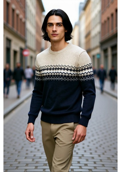 Erkek Fitted Bisiklet Yaka Etnik Desenli Triko Kazak Soğuk Havalar Için Şık ve Konforlu Bir Tercih fırsatları