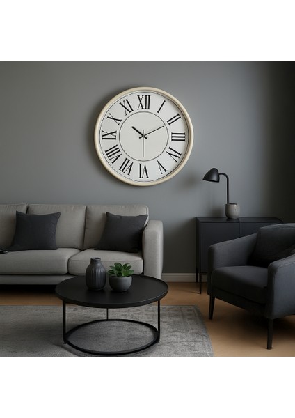 Dekoratif 55CM Siyah Metal Duvar Saati –cam Ön Yüzey,roma Rakamlı, Sessiz Mekanizma-Piano Krem Rengi