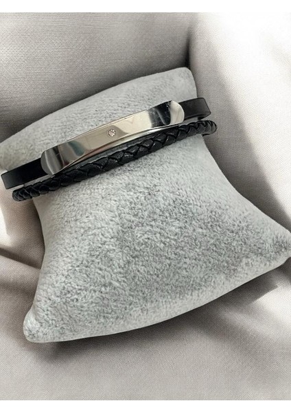 Erkek Siyah Çelik Hasır Örme Hakiki Deri Bileklik