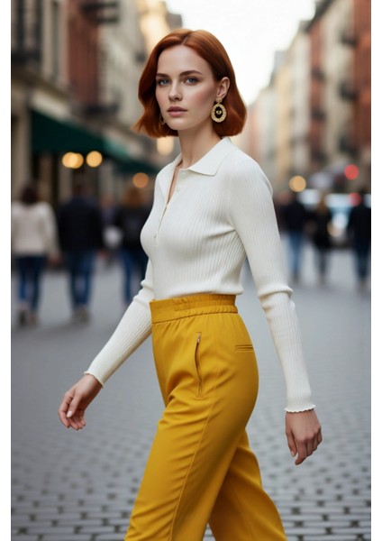 Kadın Basic Siluet Fitted Kesim Fitilli Dokulu Polo Yaka Triko Kazak Günlük Kullanım Kaliteli fırsatları