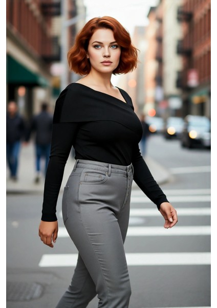 Şık Kadın Asimetrik Yaka Uzun Kollu Triko Kazak Modern Tasarımıyla Her Anınıza Zarafet Katıyor fırsatları