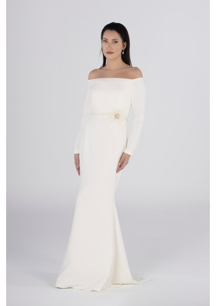 Balık Model Beyaz Straplez Abiye Elbise - El Işleme Kemerli Nikah-Nişan-Düğün-Kına-Özel Gün Seçimi