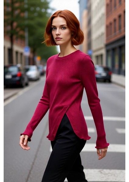 Kadın Fitted Uzun Boy Fitilli Triko Kazak Asimetrik Yırtmaç Detayıyla Modern Bir Görünüm Kaliteli modelleri