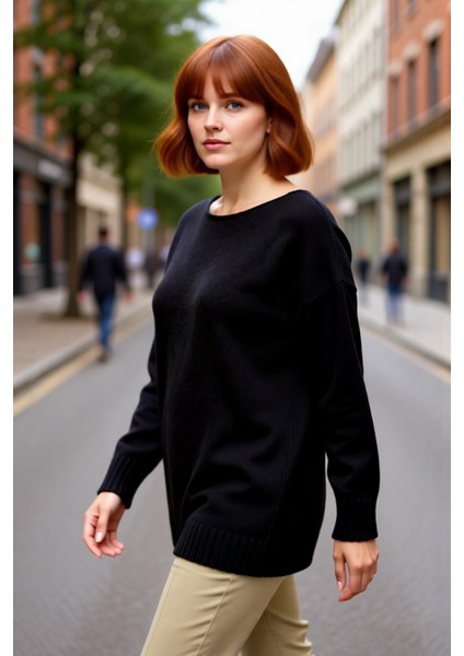 Kadın Modern Düz Desen Kayık Yaka Triko Kazak Standart Kol Kış ve Sonbahar Şıklığı Için Kaliteli fırsatları