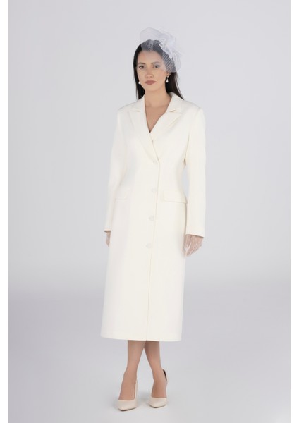 Kırık Beyaz Ceket Elbise – Düğmeli Midi Boy Nikah & Davet Elbisesi modelleri
