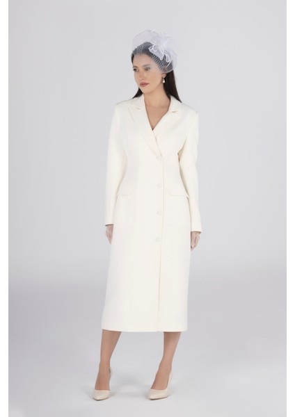 Kırık Beyaz Ceket Elbise – Düğmeli Midi Boy Nikah & Davet Elbisesi fırsatları