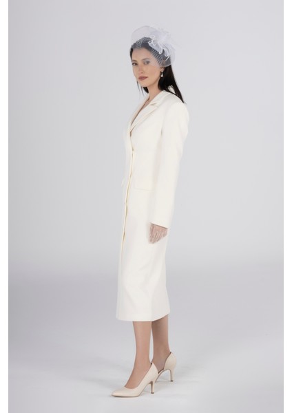 Kırık Beyaz Ceket Elbise – Düğmeli Midi Boy Nikah & Davet Elbisesi indirimleri