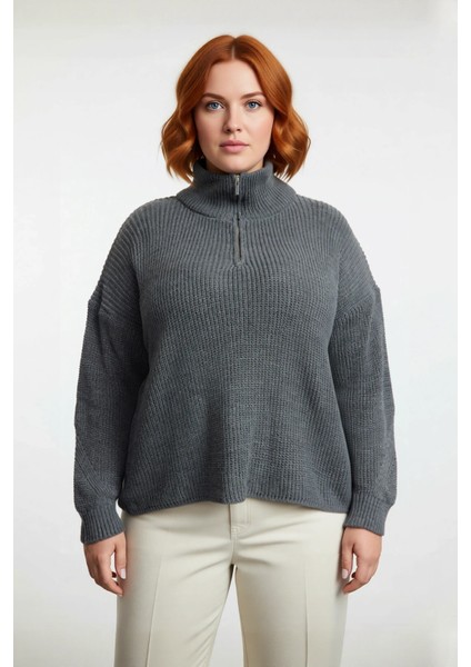 Kadın Casual Ortam Uzun Kollu Selanik Dokuma Regular Kalıp Fermuarlı Dik Yaka Triko Kazak Kaliteli fiyatları