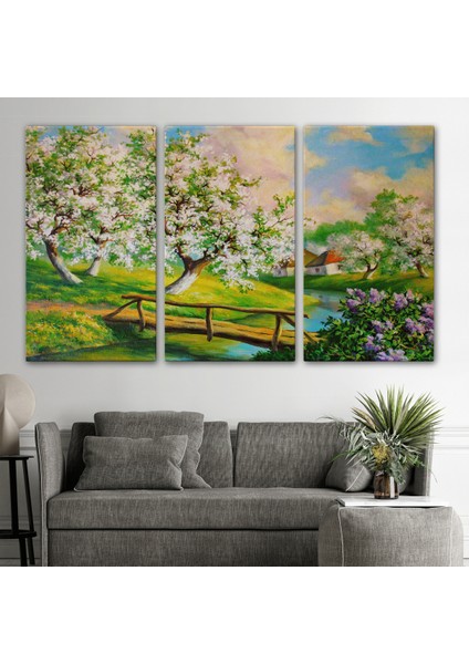 -Premier Kanvas Serileri- Köy Içinden Akan Akarsu Bahar Manzarası Duvar TABLOSU-1204