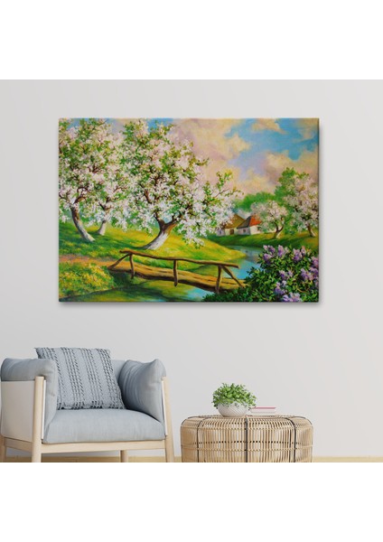 -Premier Kanvas Serileri- Köy Içinden Akan Akarsu Bahar Manzarası Duvar TABLOSU-1204 fiyatları