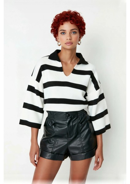 Kadın Regular Kalıp Çizgili Polo Yaka Triko Kazak Ilkbahar Sonbahar Için Ideal Basic Tasarım fiyatları