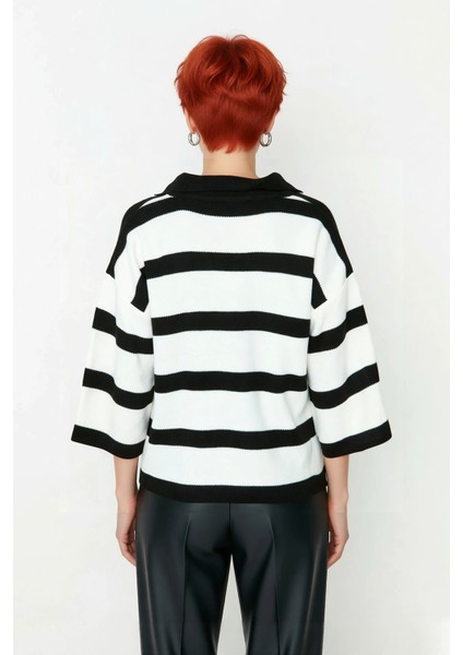 Kadın Regular Kalıp Çizgili Polo Yaka Triko Kazak Ilkbahar Sonbahar Için Ideal Basic Tasarım modelleri