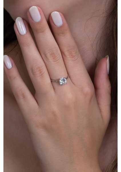 Rodyum Kaplama 6mm Gümüş Alyans ve Gümüş Tektaş Yüzük Seti WSR122