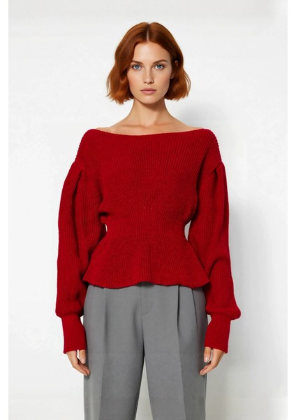 Kadın Kırmızı Regular Kesim Kayık Yaka Balon Kol Akrilik Triko Kazak Soğuk Havalara Hazır Kaliteli fiyatları