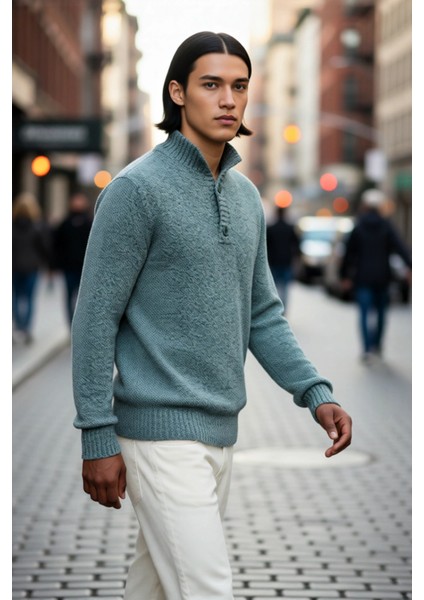 Erkek Gri Kalın Triko Düğmeli Dik Yaka Kazak Casual Ortamlar Için Konforlu ve Şık Tasarım Kaliteli fırsatları