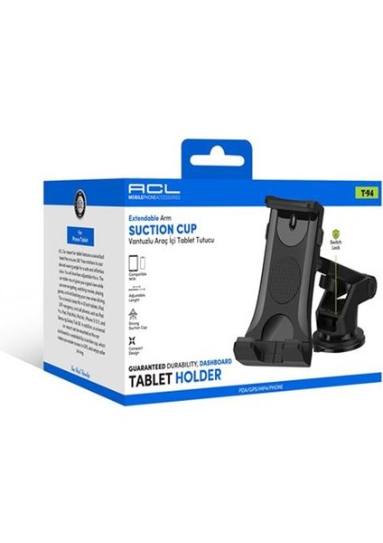 T-94 Araç Içi Tablet ve Telefon Tutucu | 360° Dönebilir Vantuzlu Stand | Cam Uyumlu modelleri