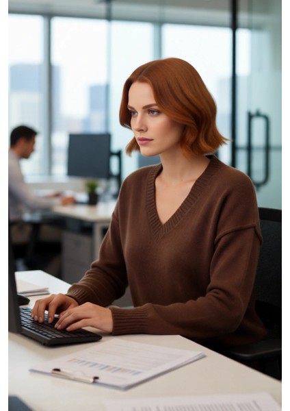 Şık Kadın Oversize V Yaka Düz Desen Triko Kazak Düşük Kollu Uzun Boy Kahverengi Kış Kombinleri