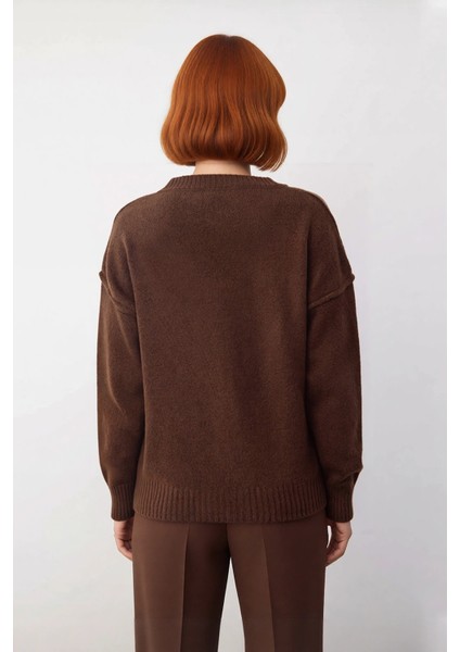 Şık Kadın Oversize V Yaka Düz Desen Triko Kazak Düşük Kollu Uzun Boy Kahverengi Kış Kombinleri modelleri