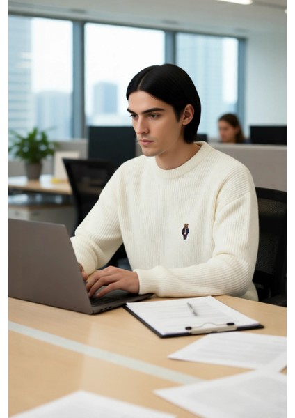 Erkek Oversize Geniş Kesim Bisiklet Yaka Ayı Nakışlı Selanik Dokuma Uzun Kol Kazak Kaliteli fırsatları