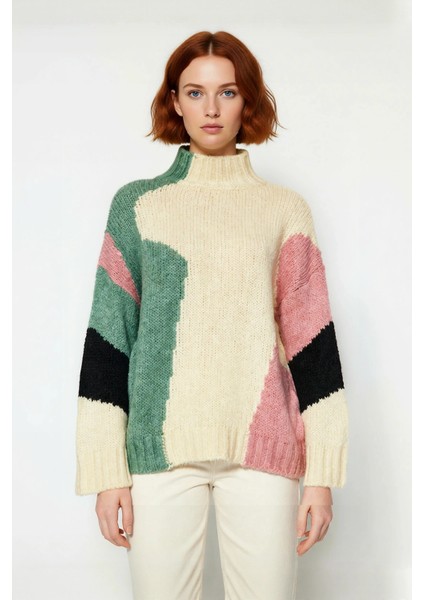 Kadın Şık Dik Yaka Oversize Renk Bloklu Düşük Kol Uzun Triko Kazak Kış Modasına Yeni Bir Soluk