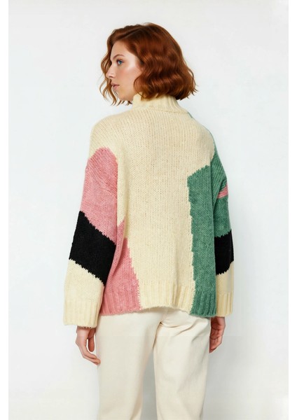 Kadın Şık Dik Yaka Oversize Renk Bloklu Düşük Kol Uzun Triko Kazak Kış Modasına Yeni Bir Soluk fiyatları