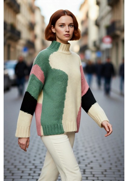 Kadın Şık Dik Yaka Oversize Renk Bloklu Düşük Kol Uzun Triko Kazak Kış Modasına Yeni Bir Soluk modelleri