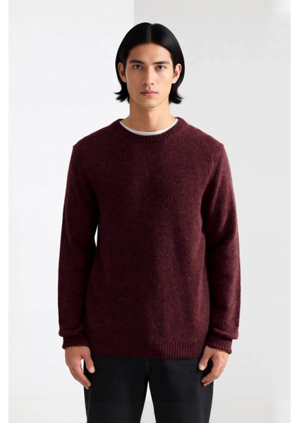Erkek Regular Kesim Yünlü Bisiklet Yaka Uzun Kollu Bordo Düz Triko Kazak Günlük Kullanım Için fiyatları