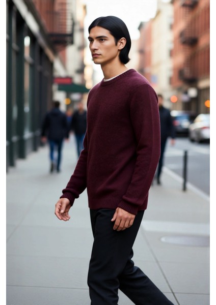 Erkek Regular Kesim Yünlü Bisiklet Yaka Uzun Kollu Bordo Düz Triko Kazak Günlük Kullanım Için fırsatları