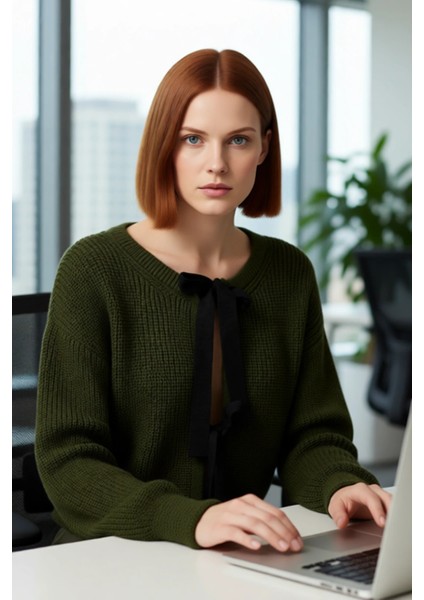 Kadın Triko Çift Taraflı Kurdeleli Crop Kesim Regular Kalıp Düşük Kol Selanik Örgü Akrilik Kazak