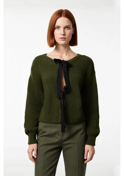 Kadın Triko Çift Taraflı Kurdeleli Crop Kesim Regular Kalıp Düşük Kol Selanik Örgü Akrilik Kazak fiyatları