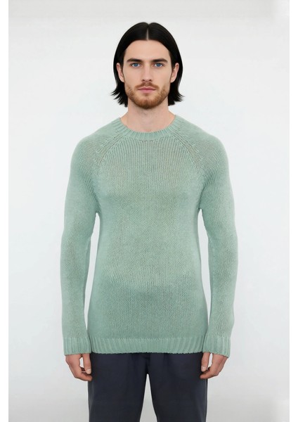 Erkek Mavi Bisiklet Yaka Fitted Seamless Reglan Kol Akrilik Triko Kazak Modern Şıklık Rahatlık fiyatları