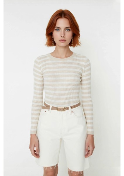 Kadın Çizgili Triko Fitted Uzun Kol Bisiklet Yaka Akrilik Basic Casual Günlük Kazak Kaliteli