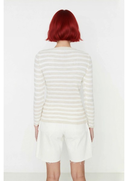 Kadın Çizgili Triko Fitted Uzun Kol Bisiklet Yaka Akrilik Basic Casual Günlük Kazak Kaliteli fiyatları