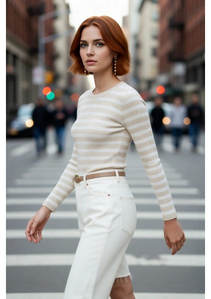 Kadın Çizgili Triko Fitted Uzun Kol Bisiklet Yaka Akrilik Basic Casual Günlük Kazak Kaliteli modelleri