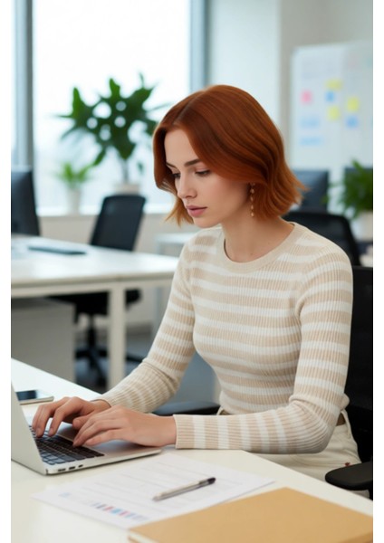 Kadın Çizgili Triko Fitted Uzun Kol Bisiklet Yaka Akrilik Basic Casual Günlük Kazak Kaliteli fırsatları