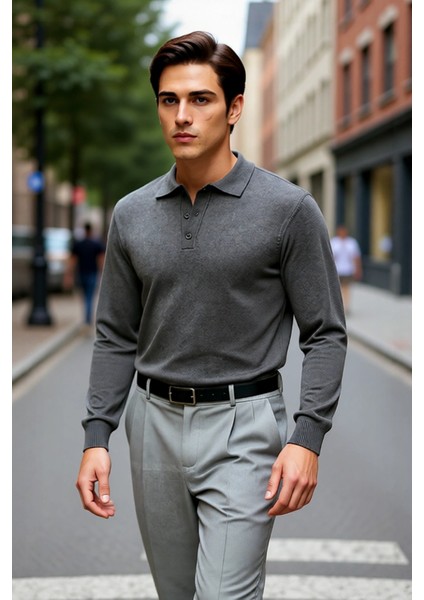 Erkek Gri Regular Polo Yaka Triko Kazak Ile Kışın Smart Casual Şıklığı Yaşayın Kaliteli Şık fırsatları