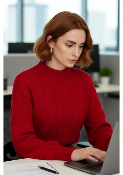 Kadın Basic Oversize Saç Örgü Dik Yaka Crop Triko Kazak Soğuk Havalar Için Modern Stil Kaliteli