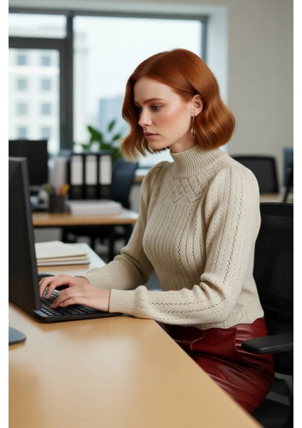 Kadın Dik Yaka Fitted Kesim Ajurlu Triko Kazak Balon Kollu Crop Tasarım Günlük Şıklık Sunar