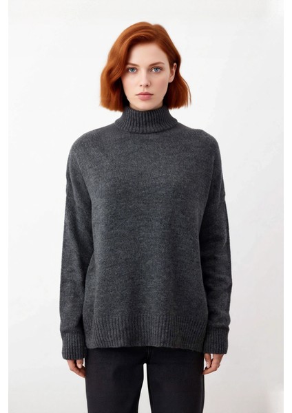 Kadın Basic Oversize Dik Yaka Triko Kazak Düşük Kol Uzun Boy Kışlık Günlük Şıklık Sunar Kaliteli