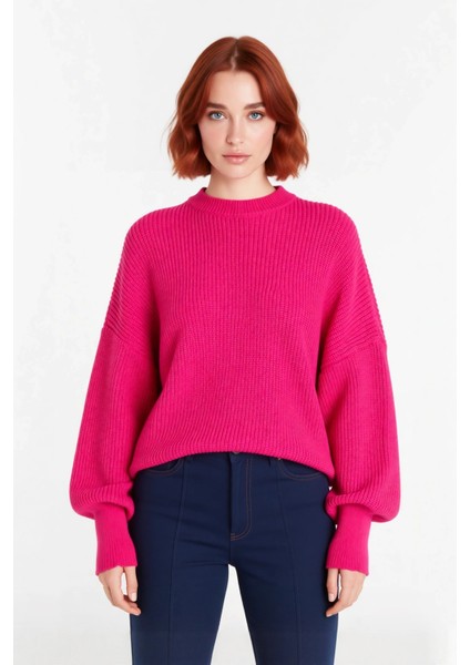 Kadın Oversize Basic Uzun Balon Kol Selanik Dokuma Triko Kazak 100% Akrilik Soğuk Havalar Kaliteli