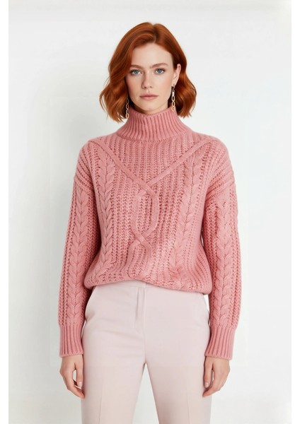 Kadın Oversize Dik Yaka Saç Örgü Desenli Yumuşak Dokulu Kalın Akrilik Triko Kazak Kaliteli fiyatları